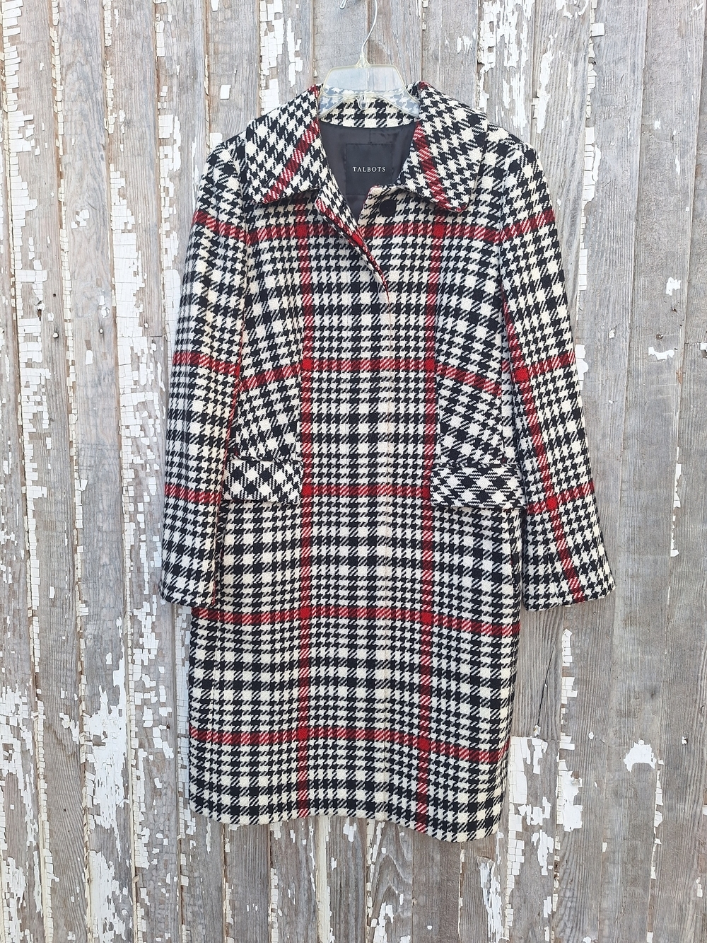 Talbots Black & White Houndstooth Coat with Red Windowpane Size 8